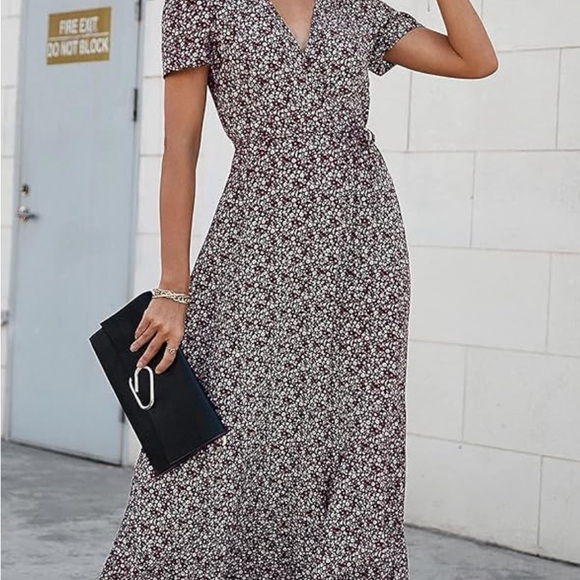 Summer Wrap Maxi Dress Casual Boho Floral V Neck Short Sleeve Ruffle Hem Split - Picture 1 of 8